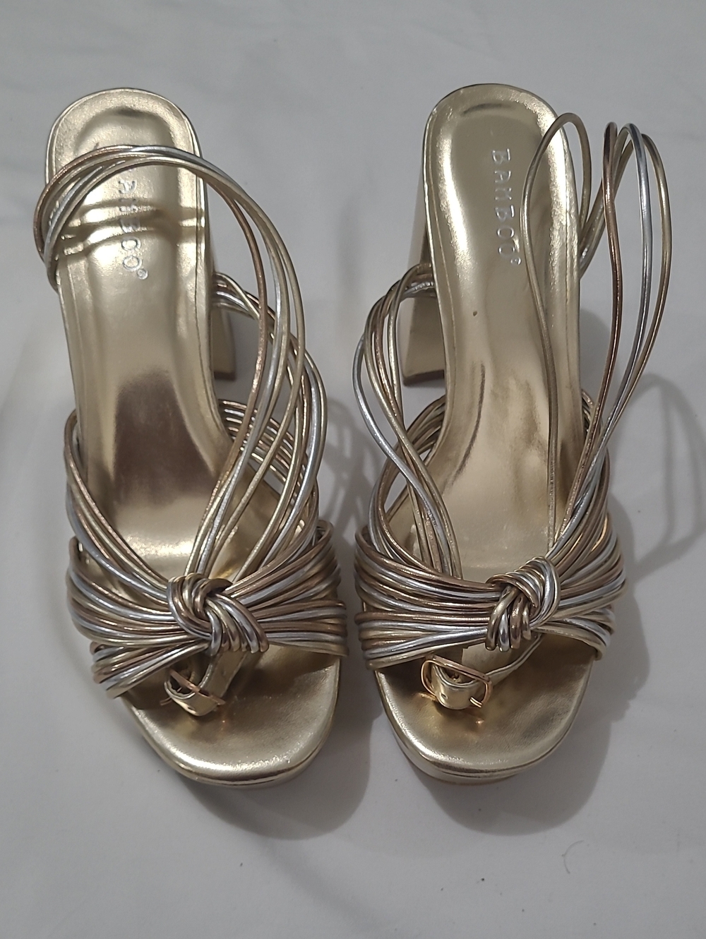 BAMBOO Gold Metallic Strappy Block Heels 3.5"h Slingback Platform Sandals Sz7.5